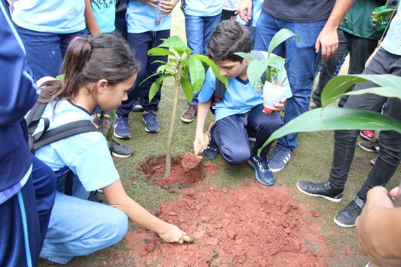 Alunos plantando mudas no Parque Vila Maguary.